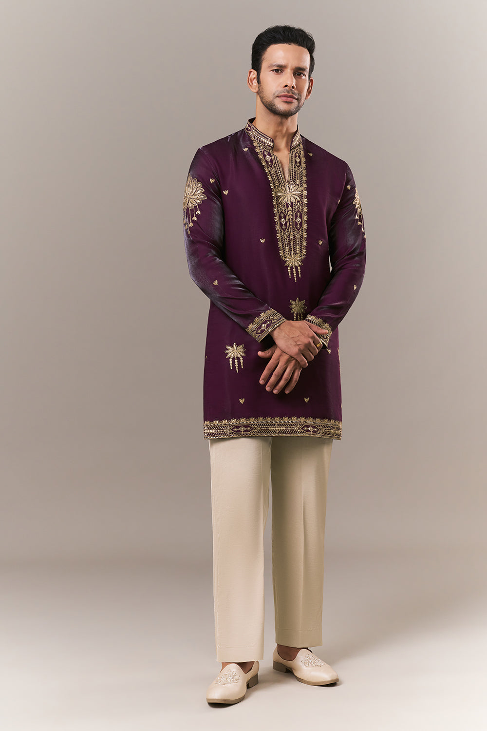 Wine Satin Mens Kurta Set with Dori Work