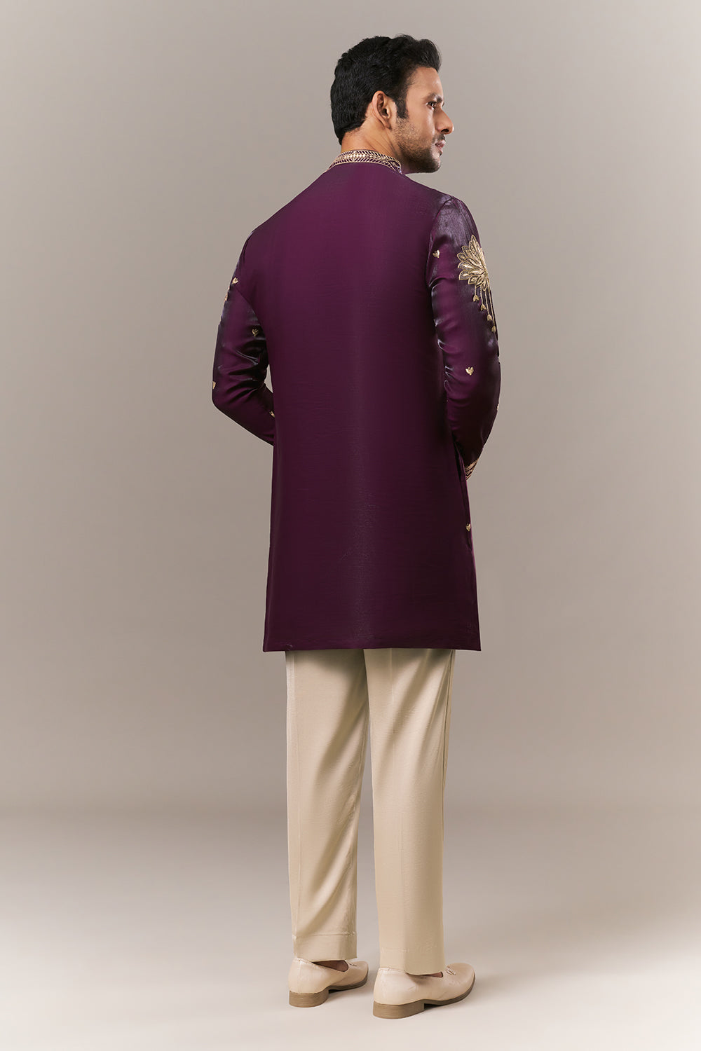 Wine Satin Mens Kurta Set with Dori Work