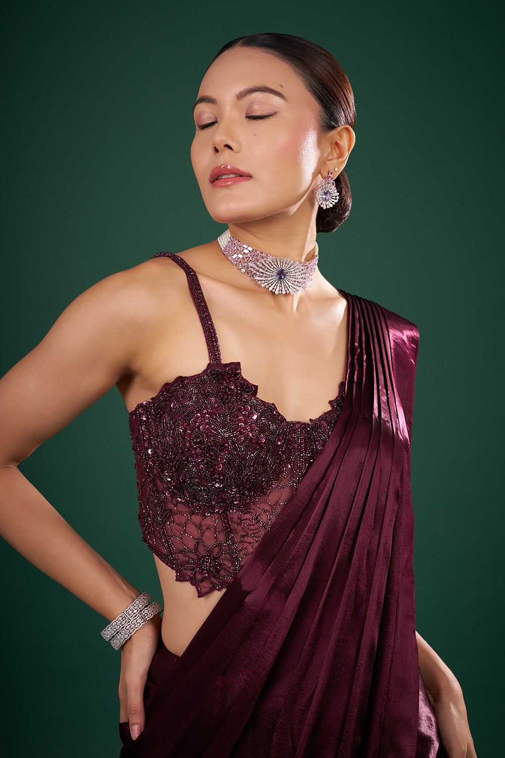 Wine Satin Pre-Drape Saree and Stitched Blouse