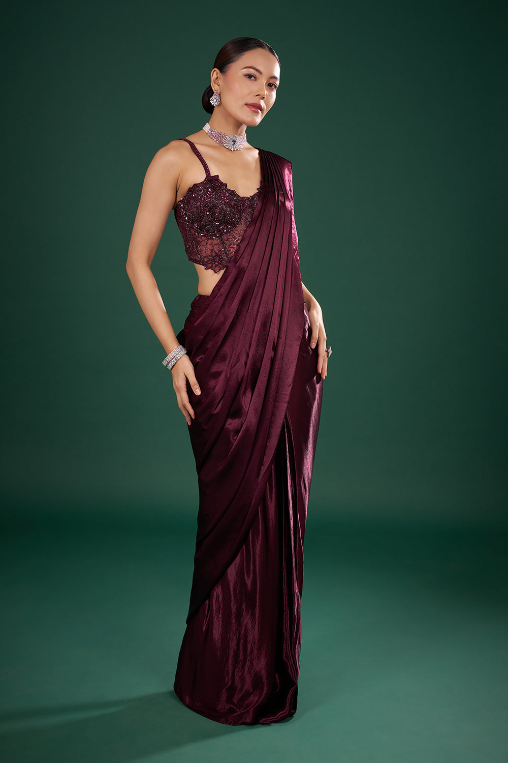 Wine Satin Pre-Drape Saree and Stitched Blouse