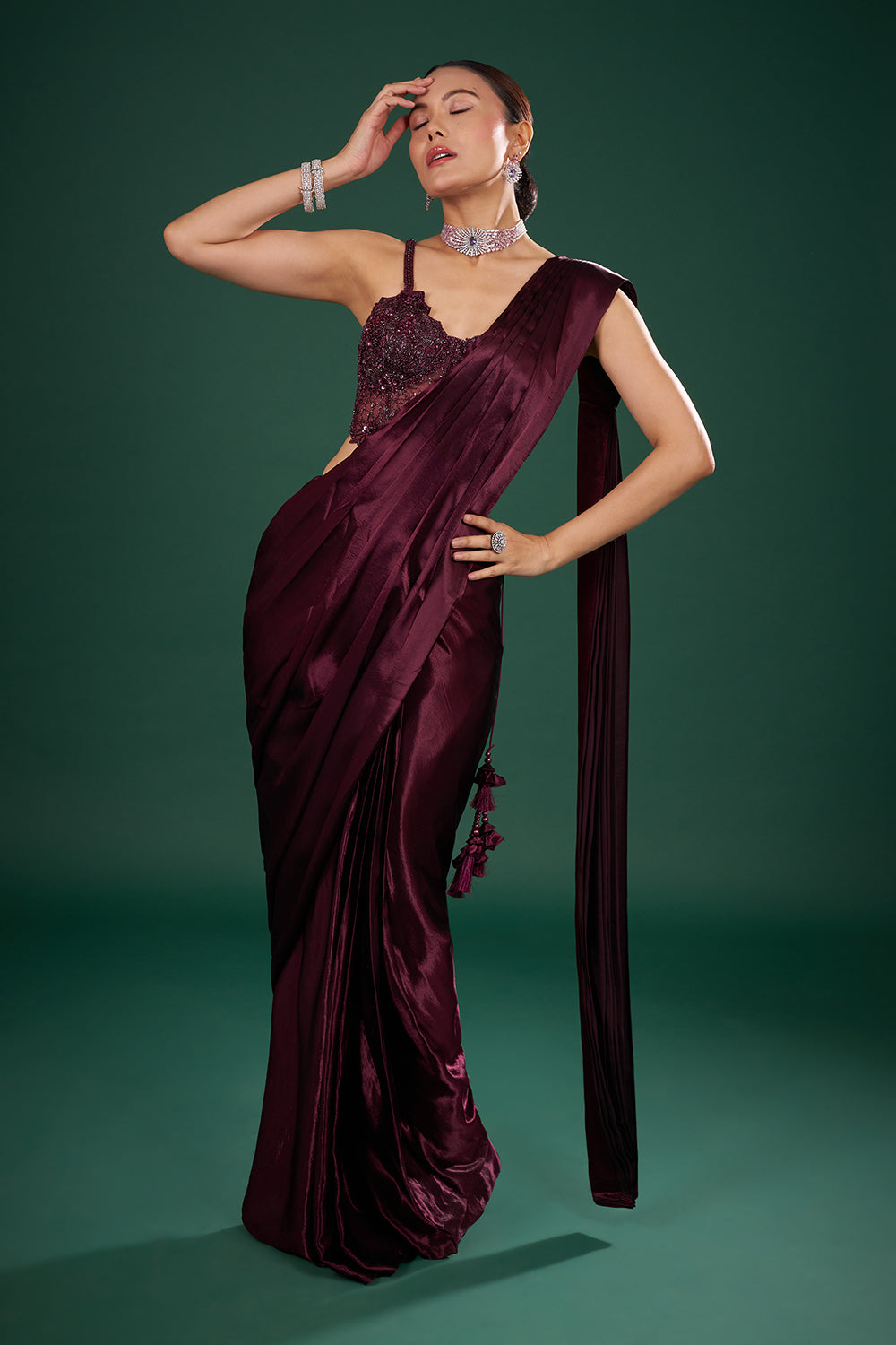 Wine Satin Pre-Drape Saree and Stitched Blouse