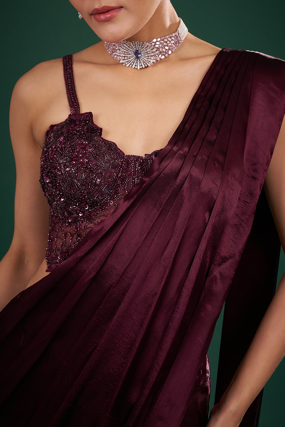 Wine Satin Pre-Drape Saree and Stitched Blouse