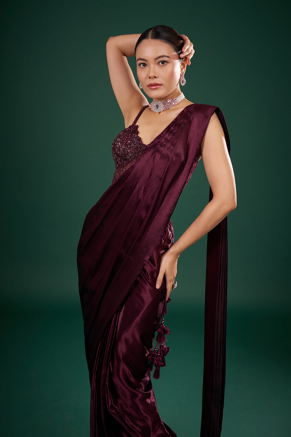 Wine Satin Pre-Drape Saree and Stitched Blouse