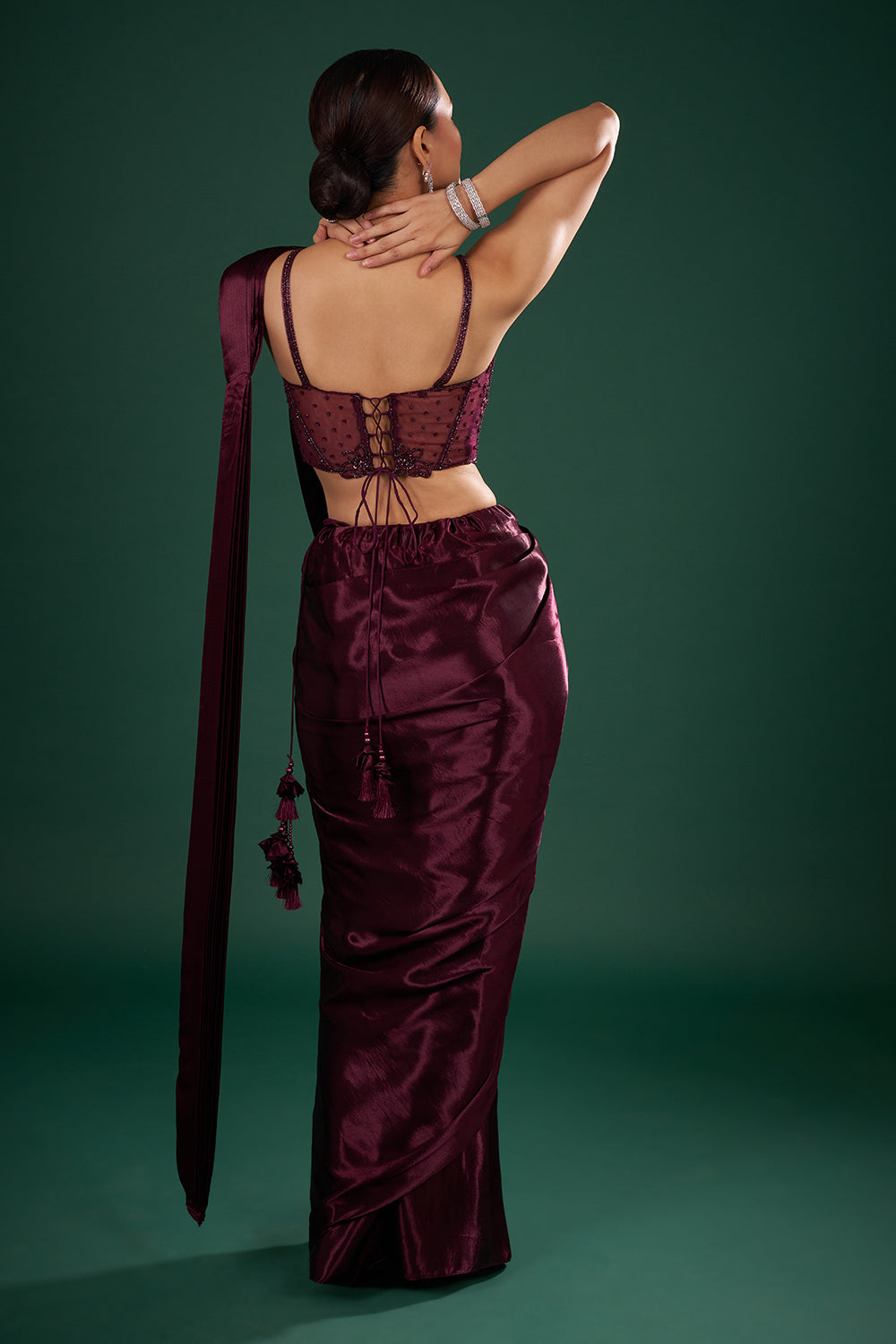 Wine Satin Pre-Drape Saree and Stitched Blouse