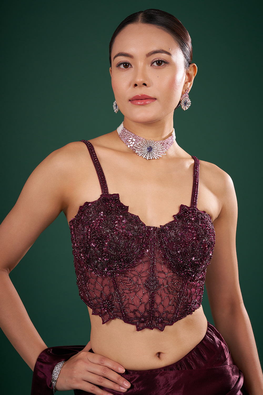 Wine Satin Pre-Drape Saree and Stitched Blouse