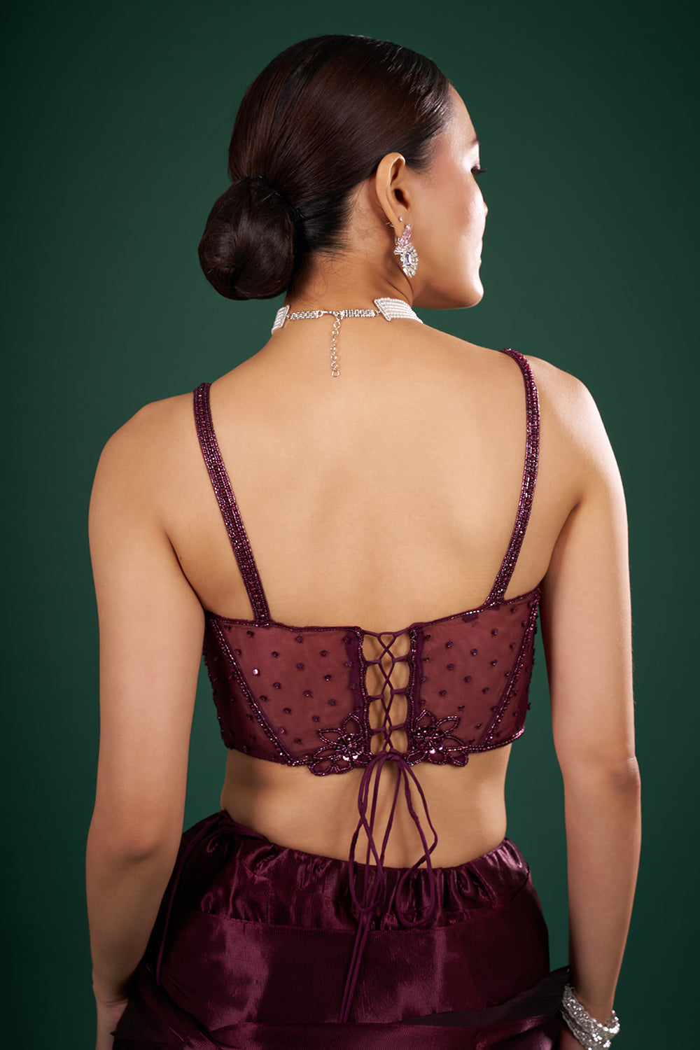 Wine Satin Pre-Drape Saree and Stitched Blouse