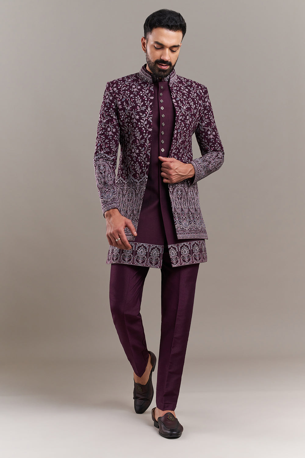 Wine Silk Blend Floral Men's Kurta with Jacket