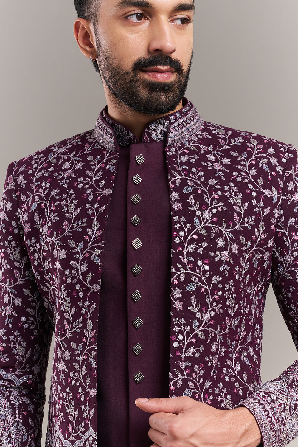 Wine Silk Blend Floral Men's Kurta with Jacket