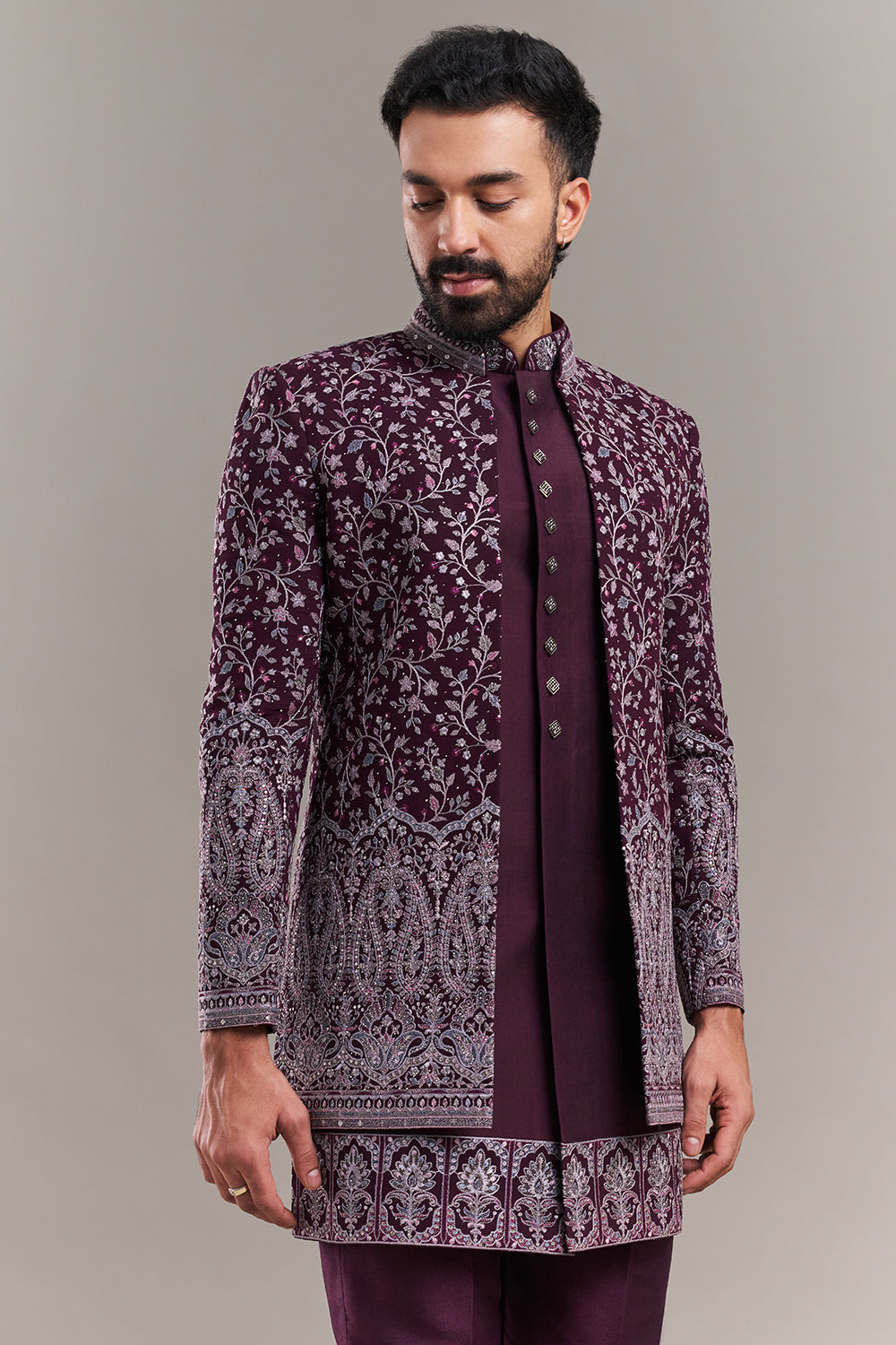 Wine Silk Blend Floral Men's Kurta with Jacket