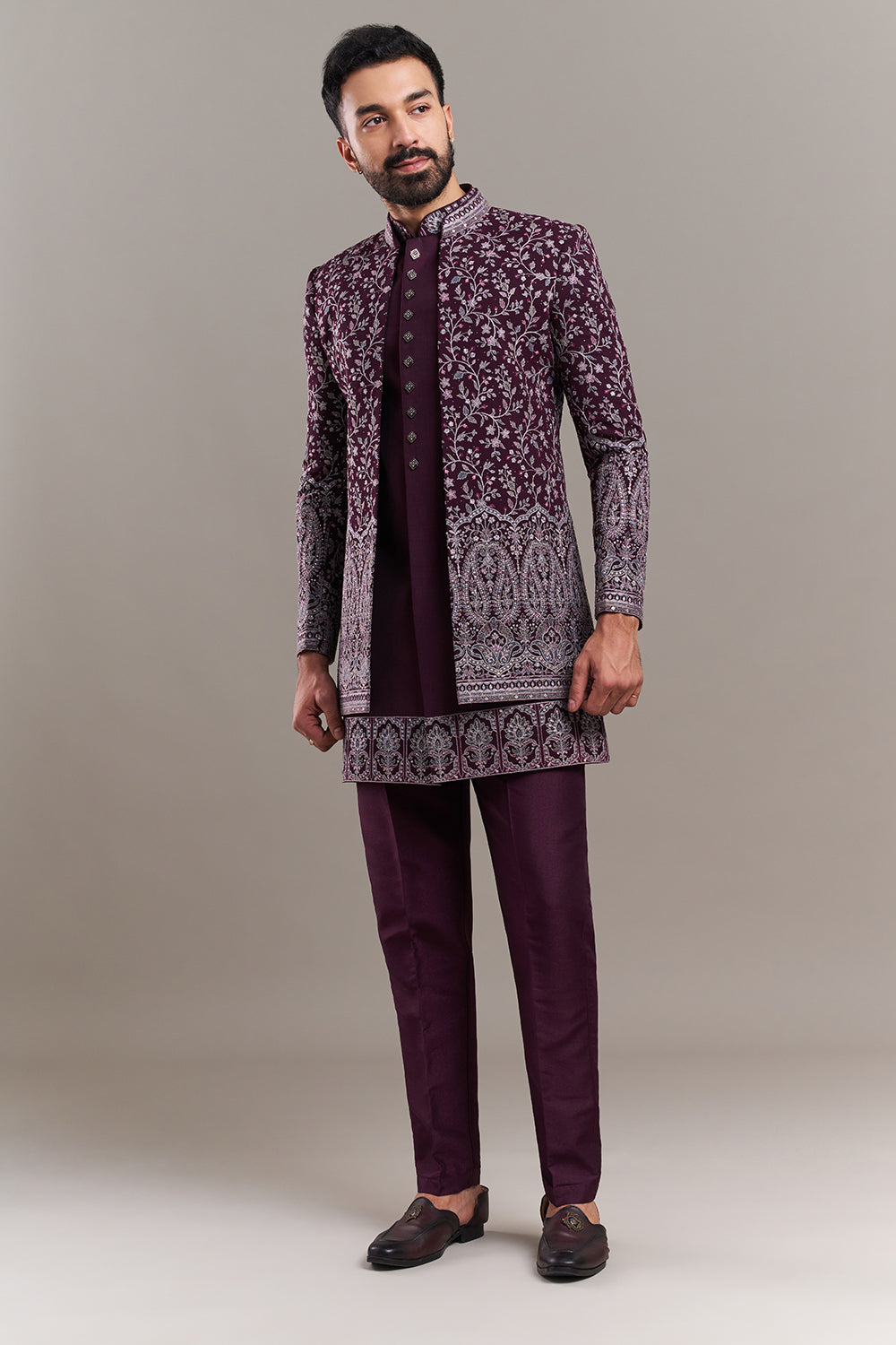 Wine Silk Blend Floral Men's Kurta with Jacket