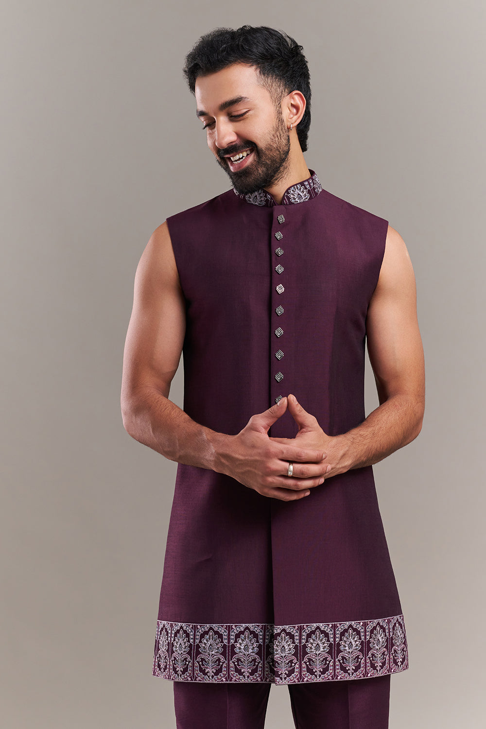 Wine Silk Blend Floral Men's Kurta with Jacket