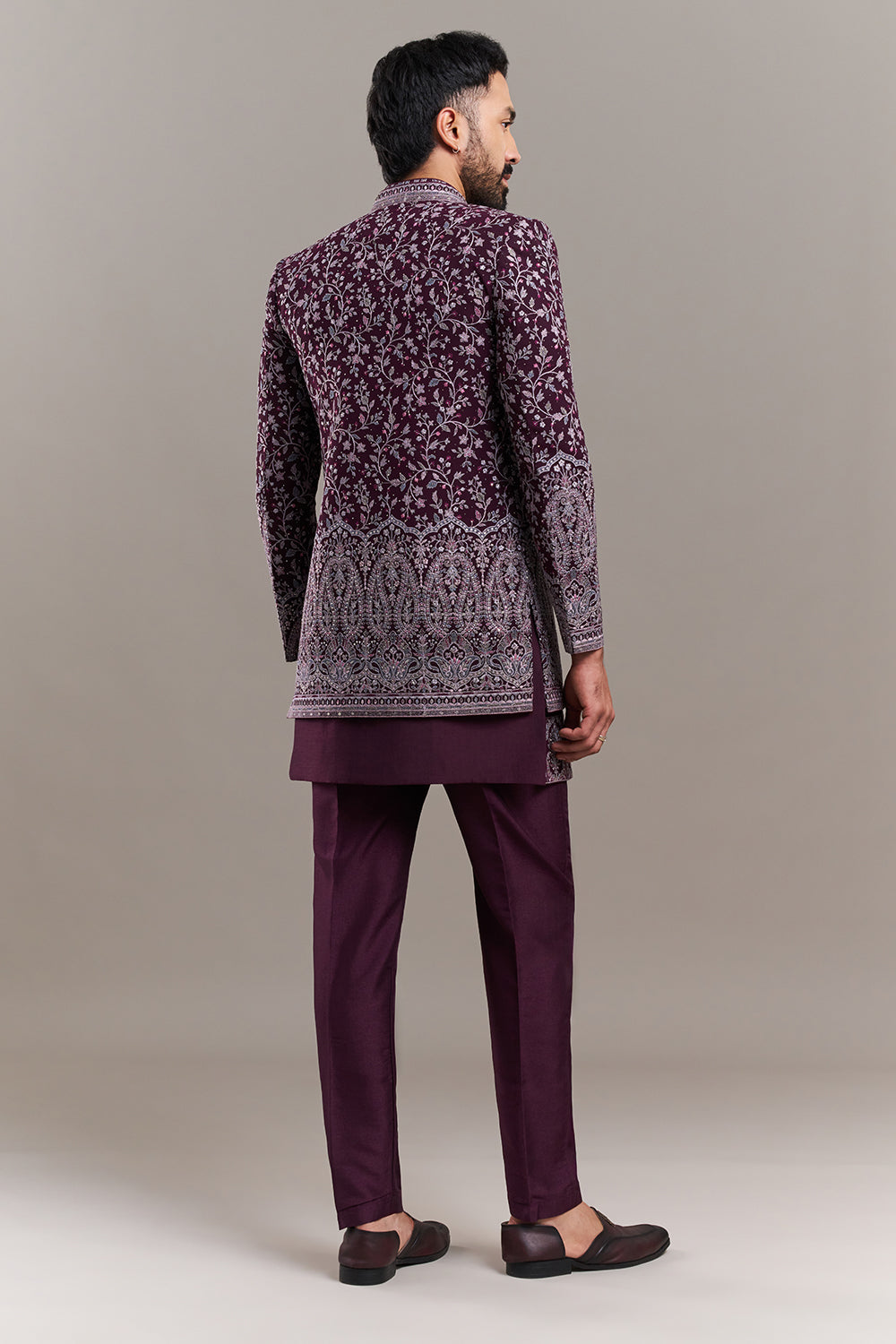Wine Silk Blend Floral Men's Kurta with Jacket