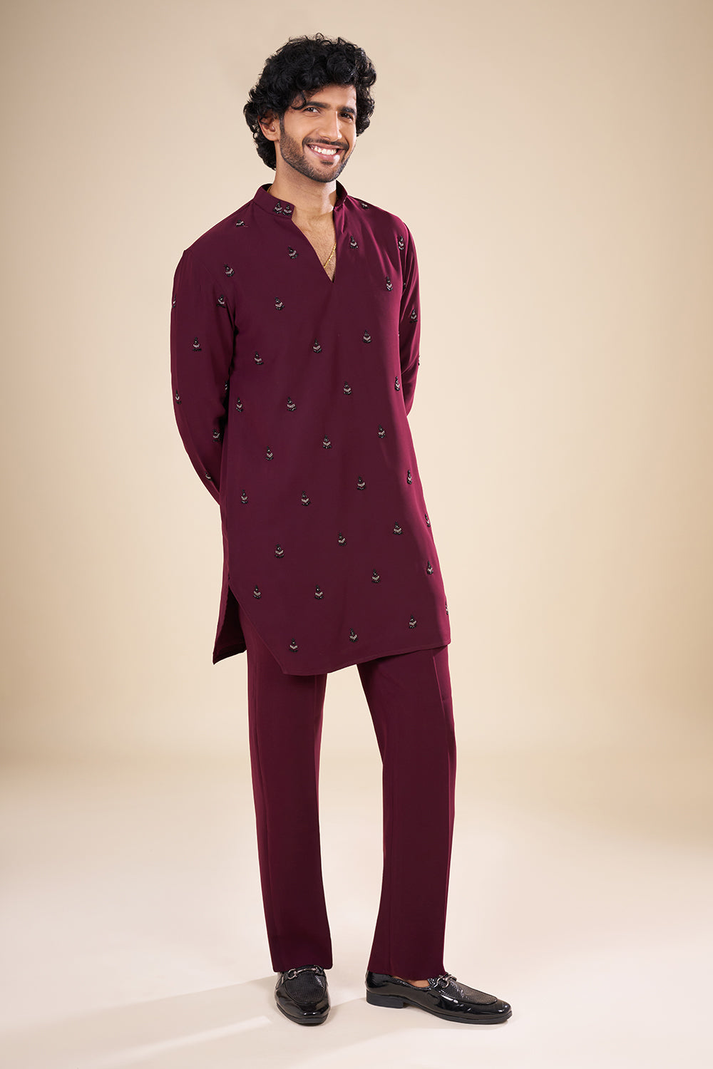 Wine Silk Embroidered Kurta Set