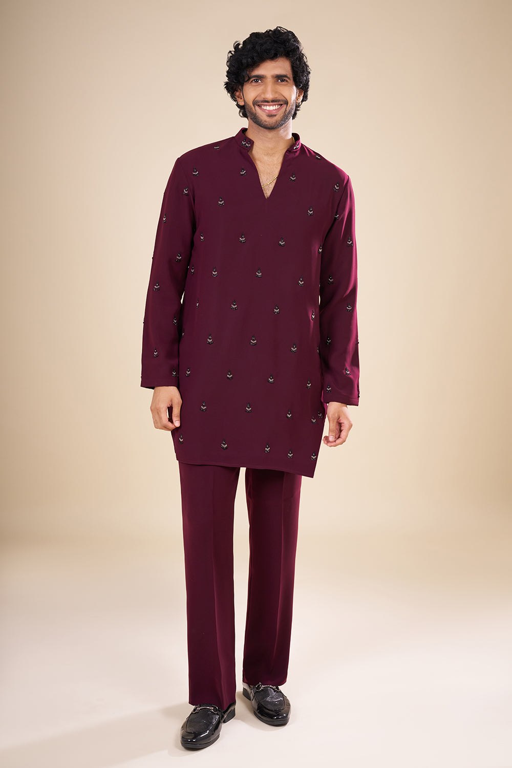 Wine Silk Embroidered Kurta Set