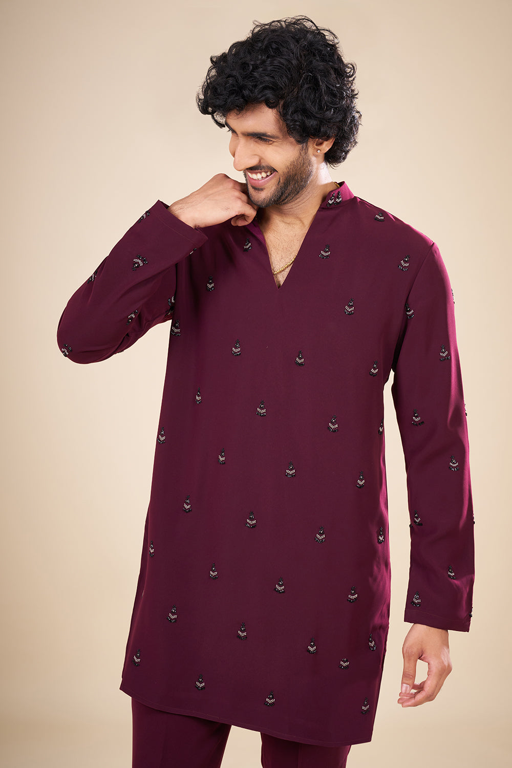 Wine Silk Embroidered Kurta Set