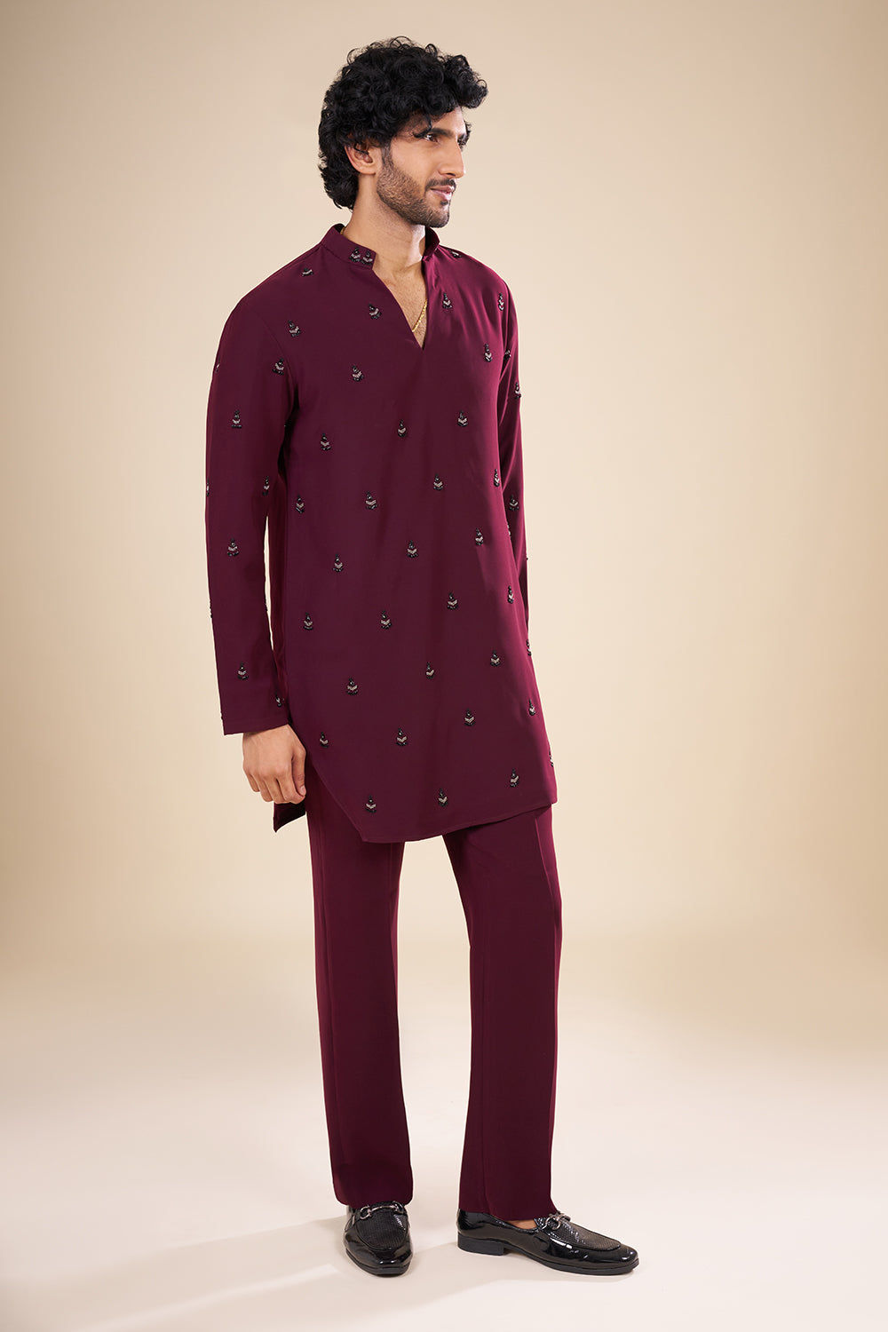 Wine Silk Embroidered Kurta Set