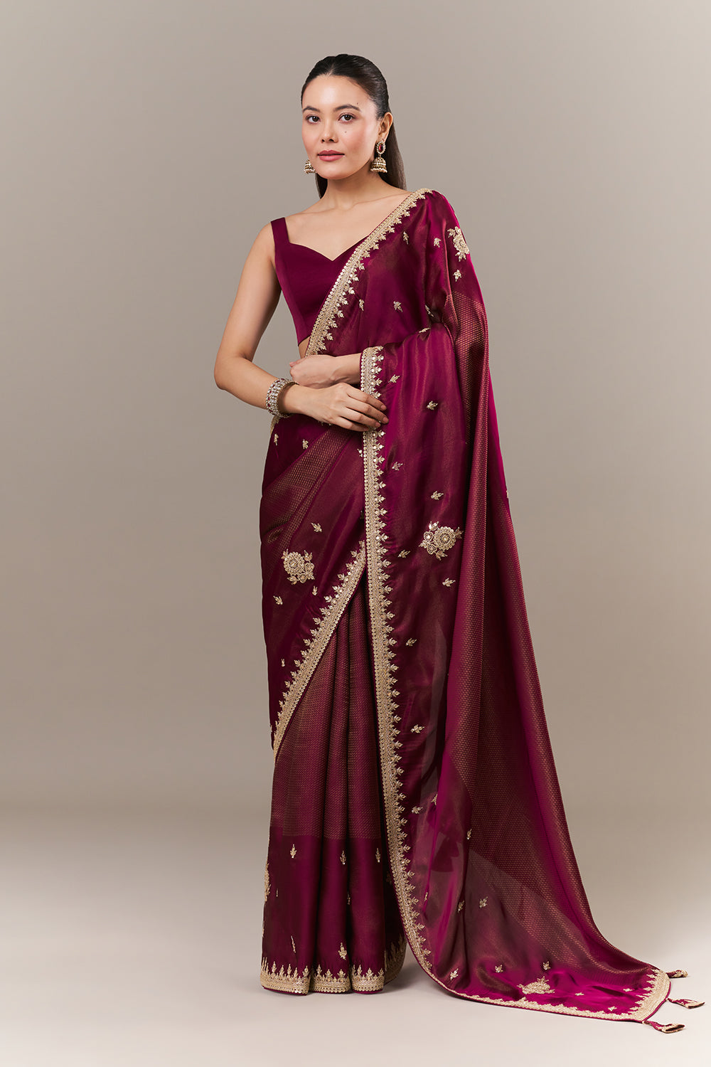Wine Tissue Silk Jacquard Saree with Zari and Sequin Work