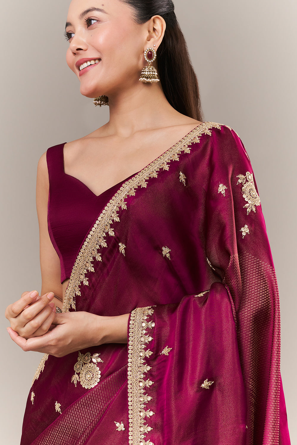 Wine Tissue Silk Jacquard Saree with Zari and Sequin Work