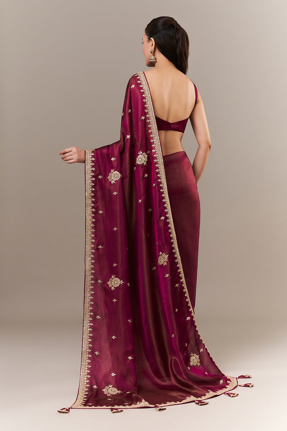 Wine Tissue Silk Jacquard Saree with Zari and Sequin Work