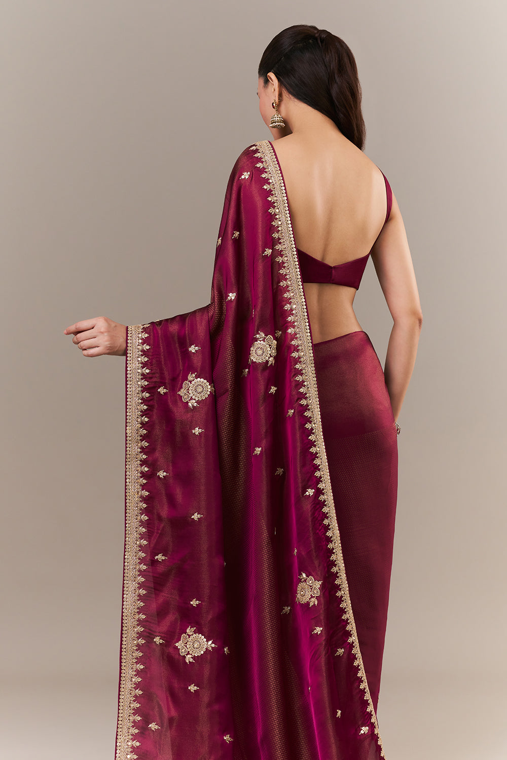 Wine Tissue Silk Jacquard Saree with Zari and Sequin Work