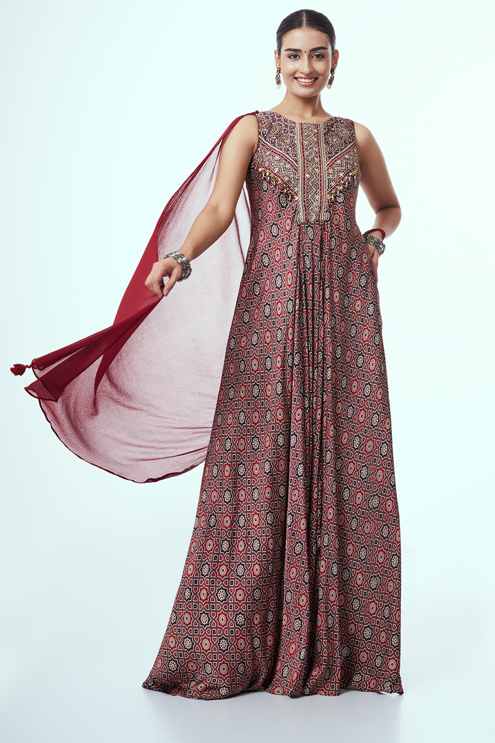 Maroon Modal Indo-Western Dress with Sequins Work