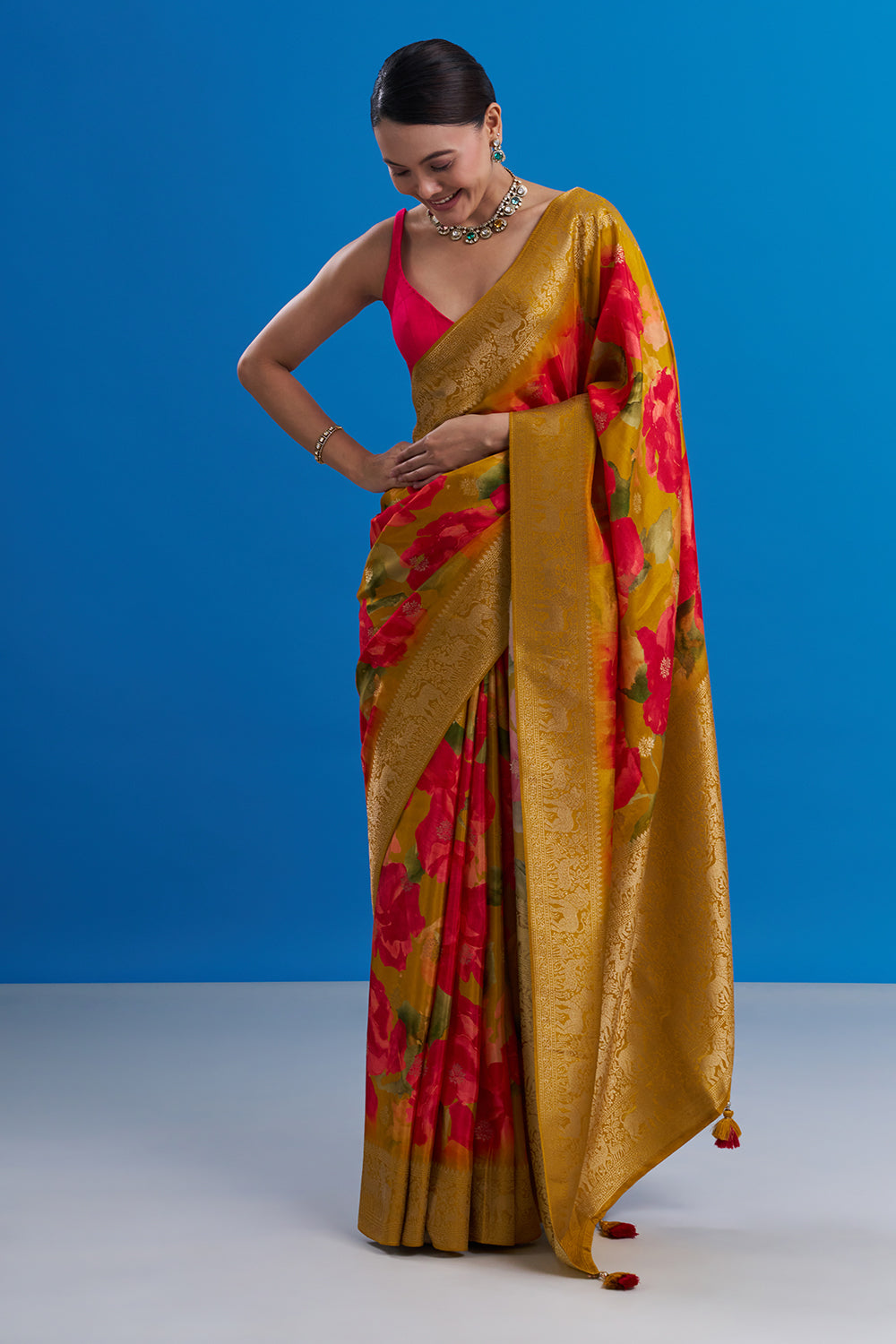 Yellow and Pink Satin Organza Saree with Floral Motifs And Unstitched Blouse