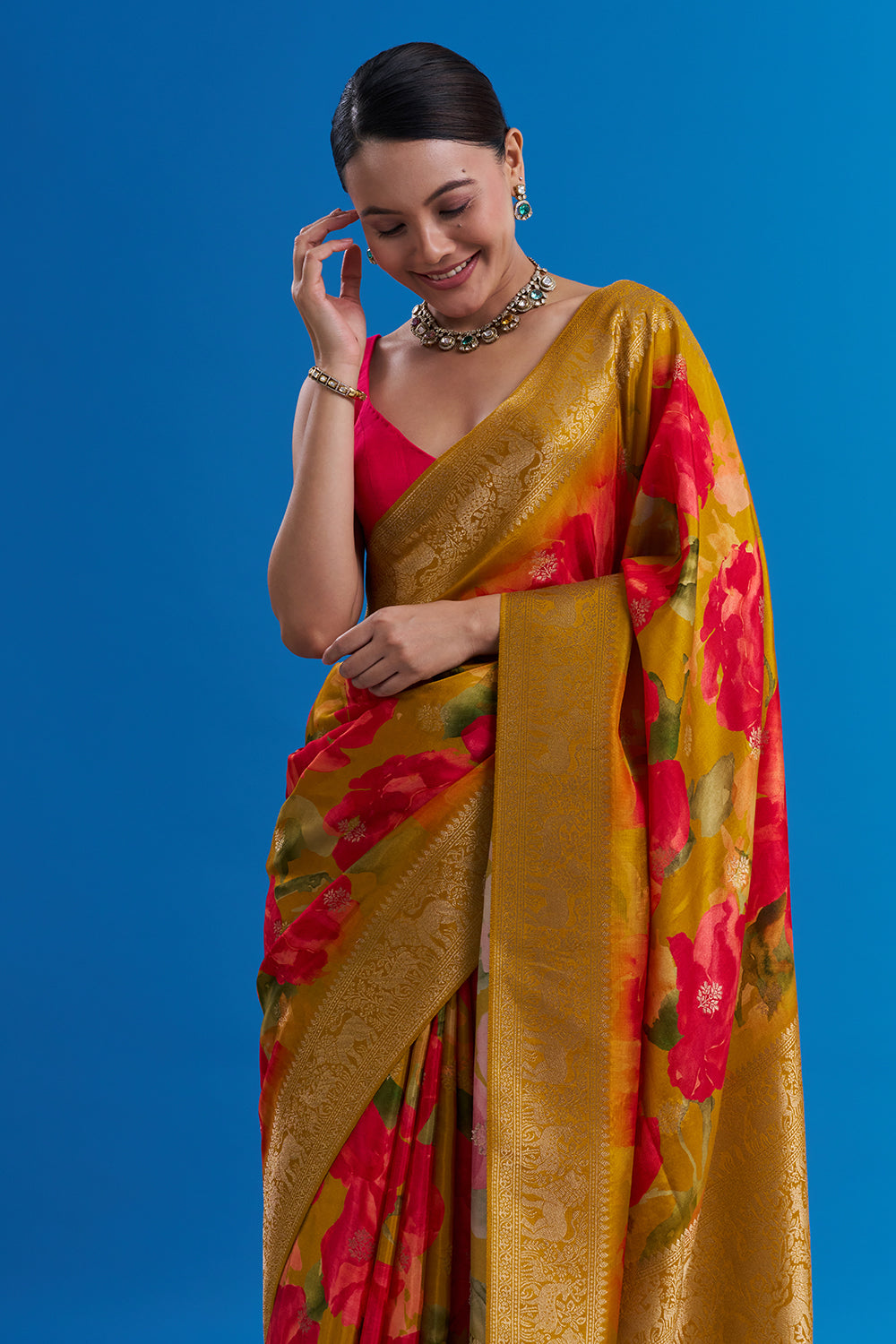 Yellow and Pink Satin Organza Saree with Floral Motifs And Unstitched Blouse