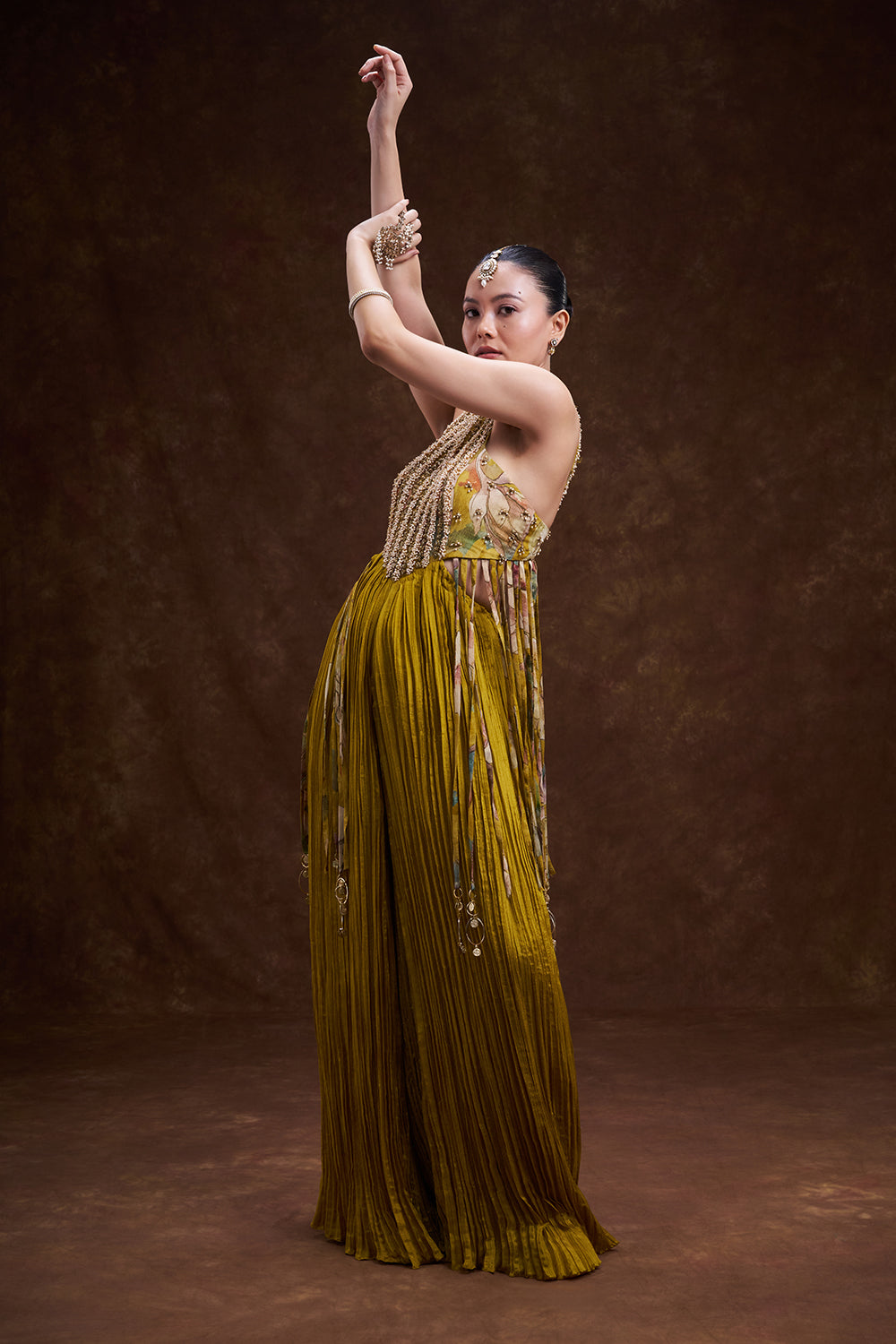 Yellow Art Silk Hand Embellished Jumpsuit