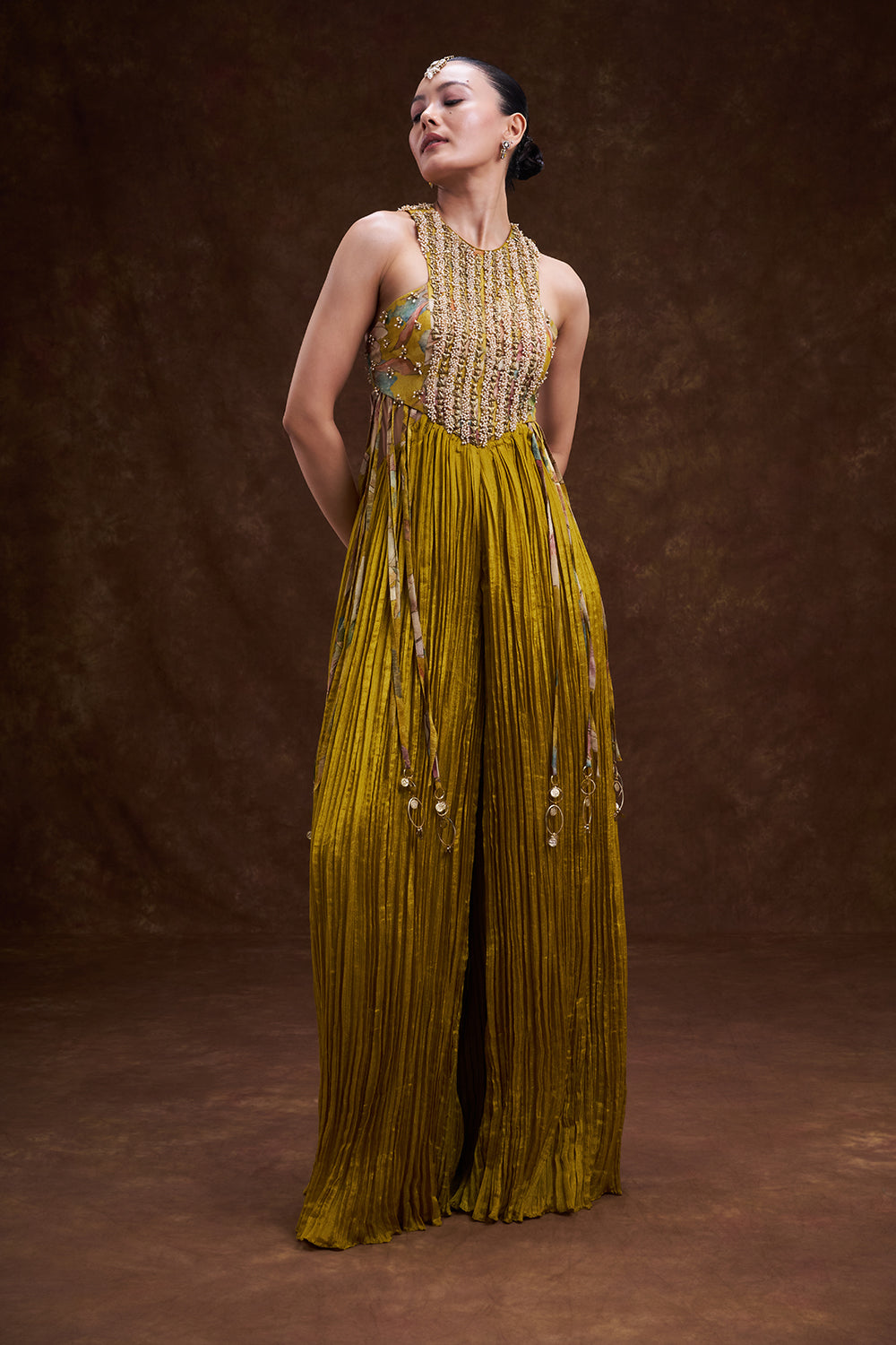 Yellow Art Silk Hand Embellished Jumpsuit