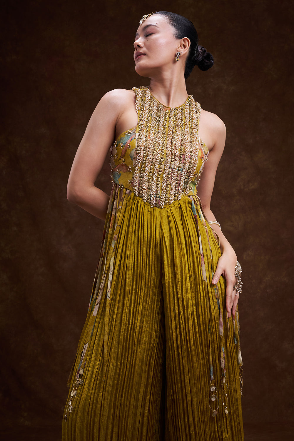 Yellow Art Silk Hand Embellished Jumpsuit