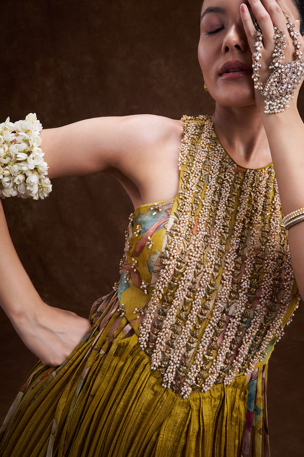 Yellow Art Silk Hand Embellished Jumpsuit