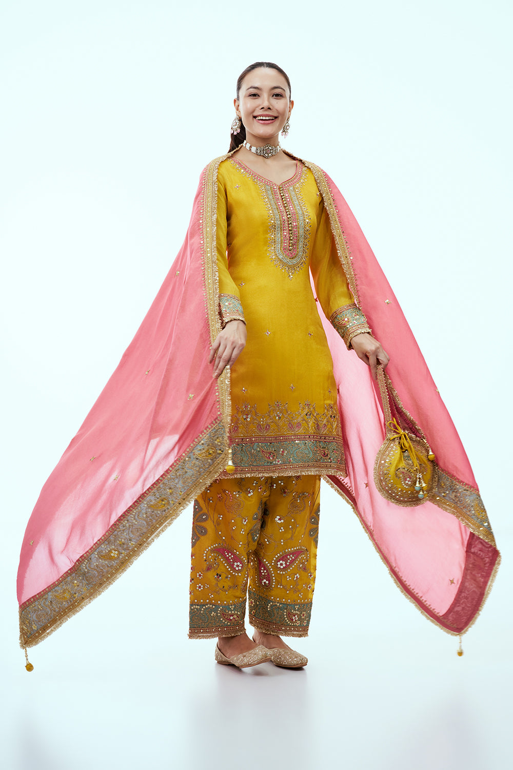 Yellow Art Silk Kurta Set with Zari Embroidery and Pink Dupatta