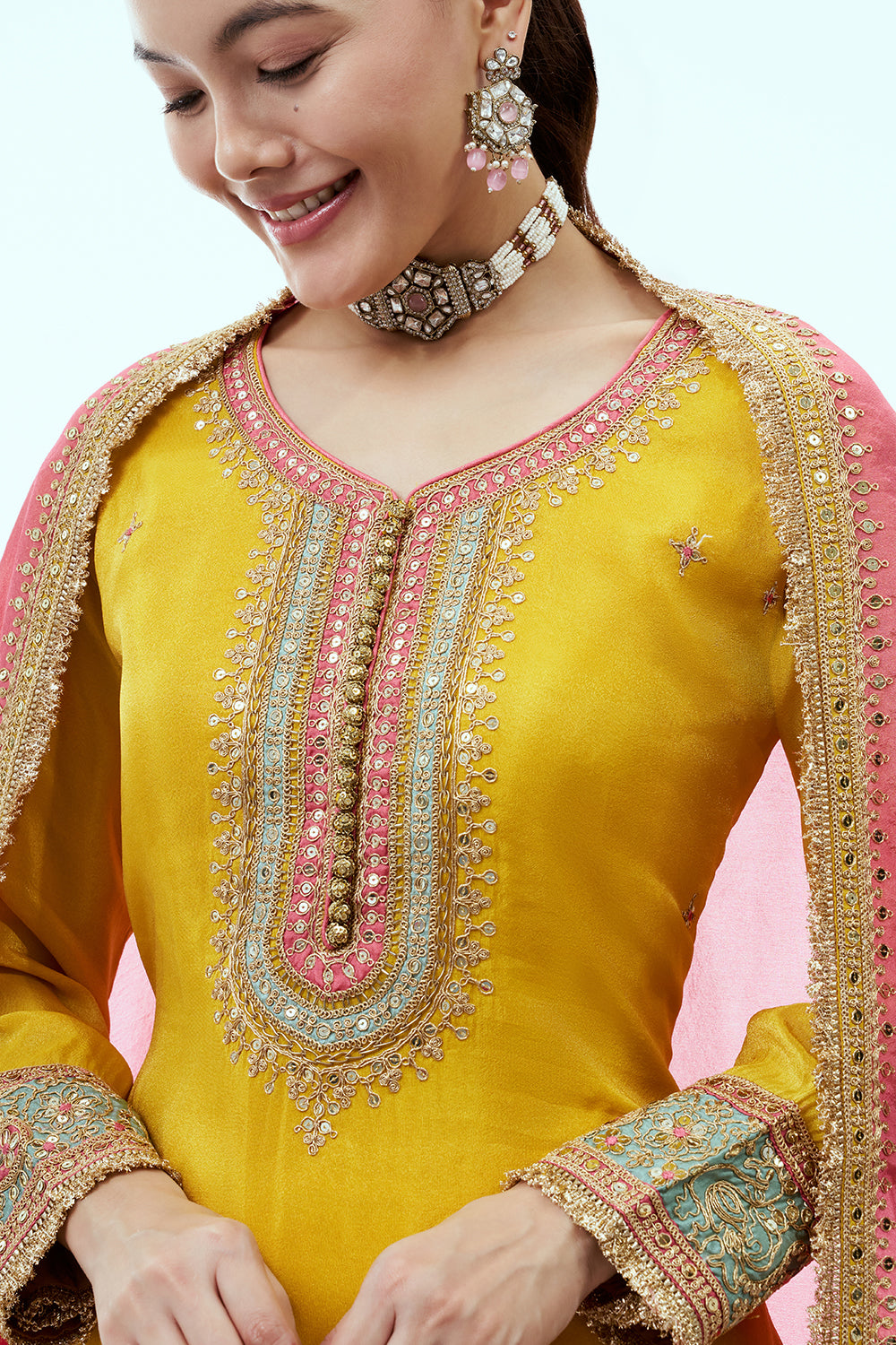 Yellow Art Silk Kurta Set with Zari Embroidery and Pink Dupatta