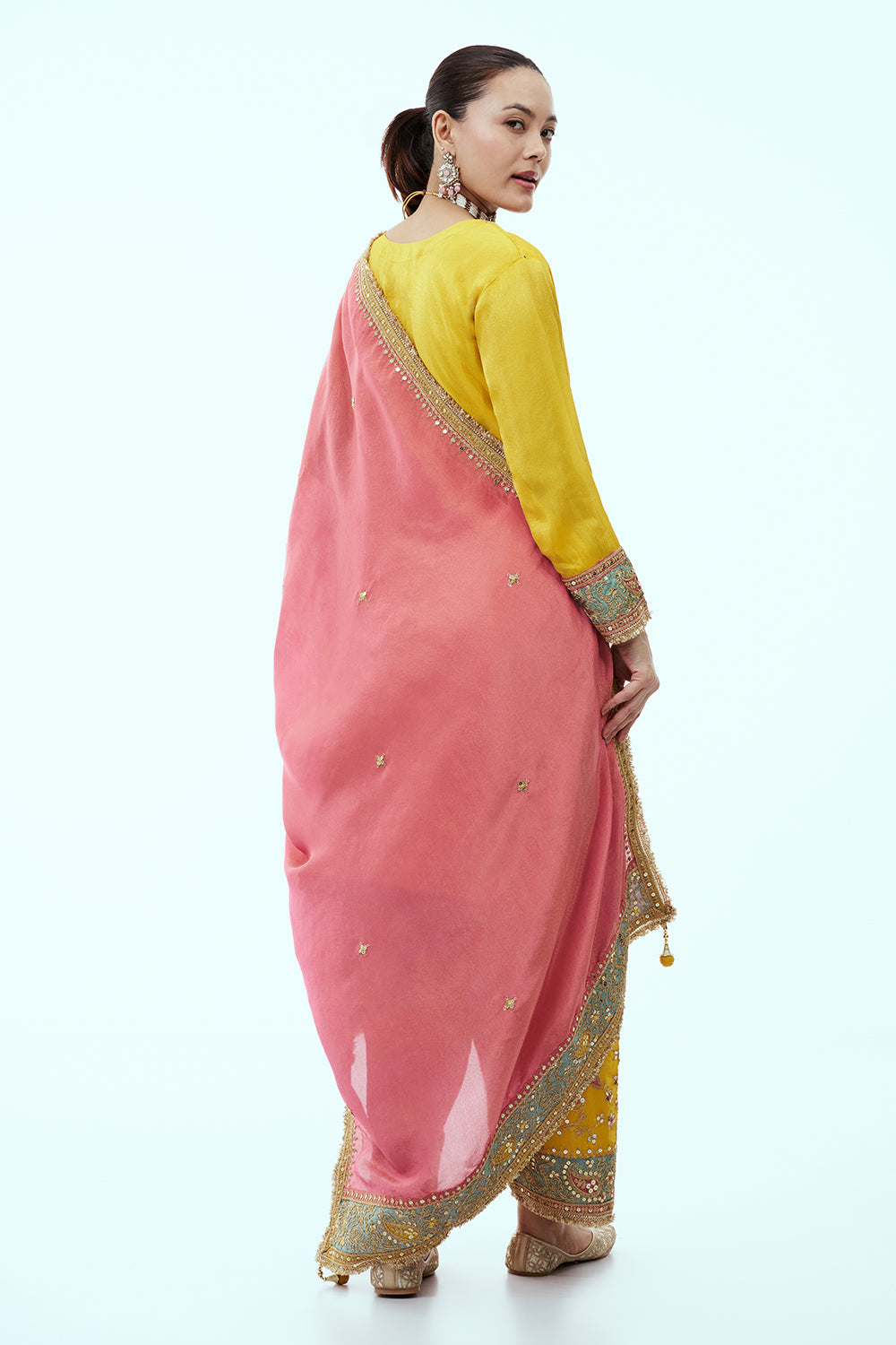 Yellow Art Silk Kurta Set with Zari Embroidery and Pink Dupatta