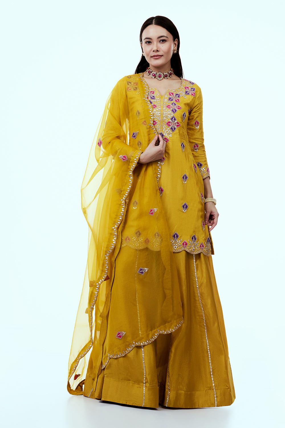 Yellow Art Silk Suit Set with Zardosi Work