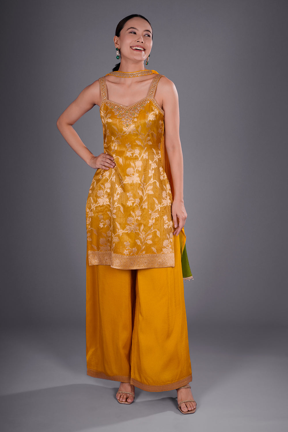 Yellow Banarasi Short Kurta Set with Zari Weaving