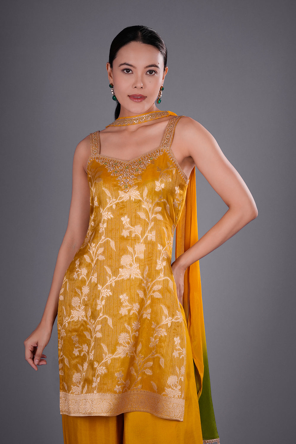 Yellow Banarasi Short Kurta Set with Zari Weaving