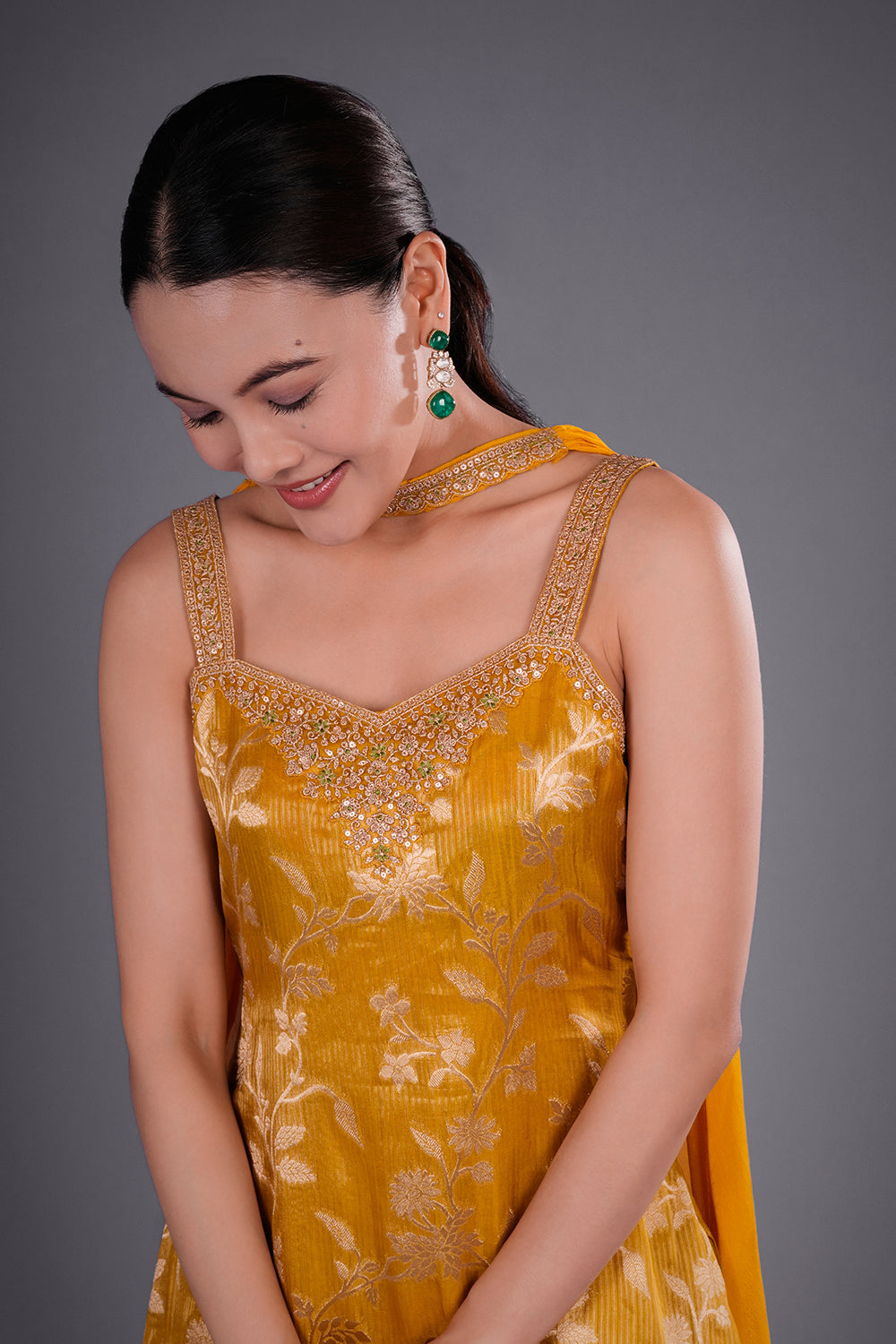 Yellow Banarasi Short Kurta Set with Zari Weaving