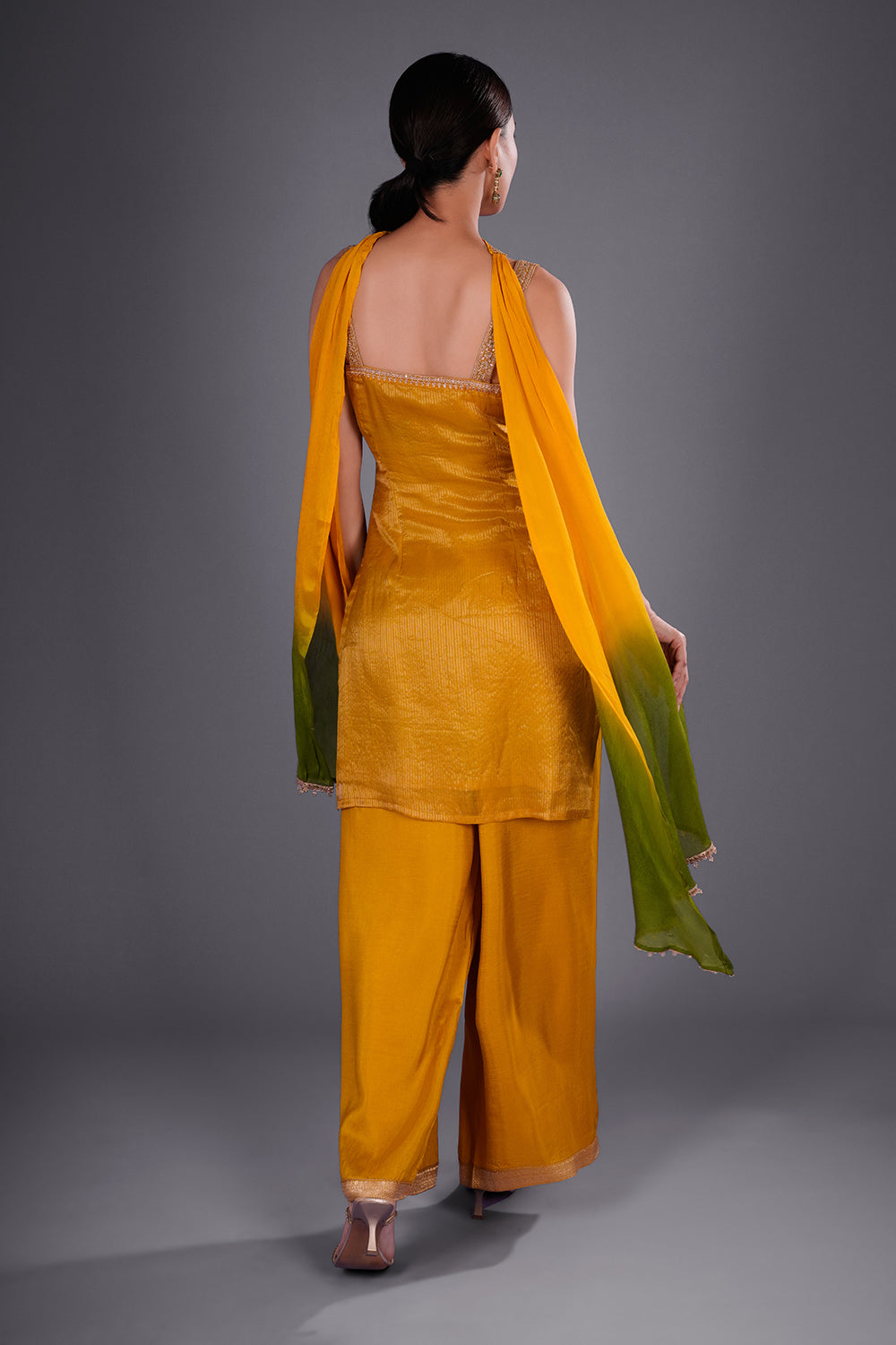 Yellow Banarasi Short Kurta Set with Zari Weaving