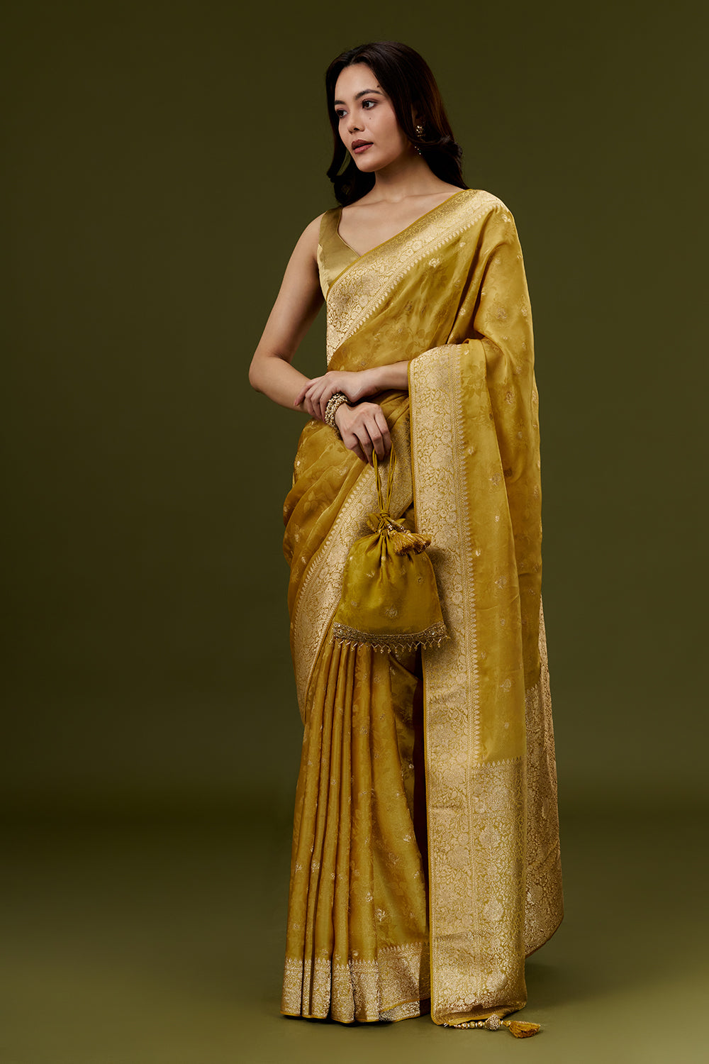 Yellow Banarasi Silk Saree with Resham and Zari Embroidery