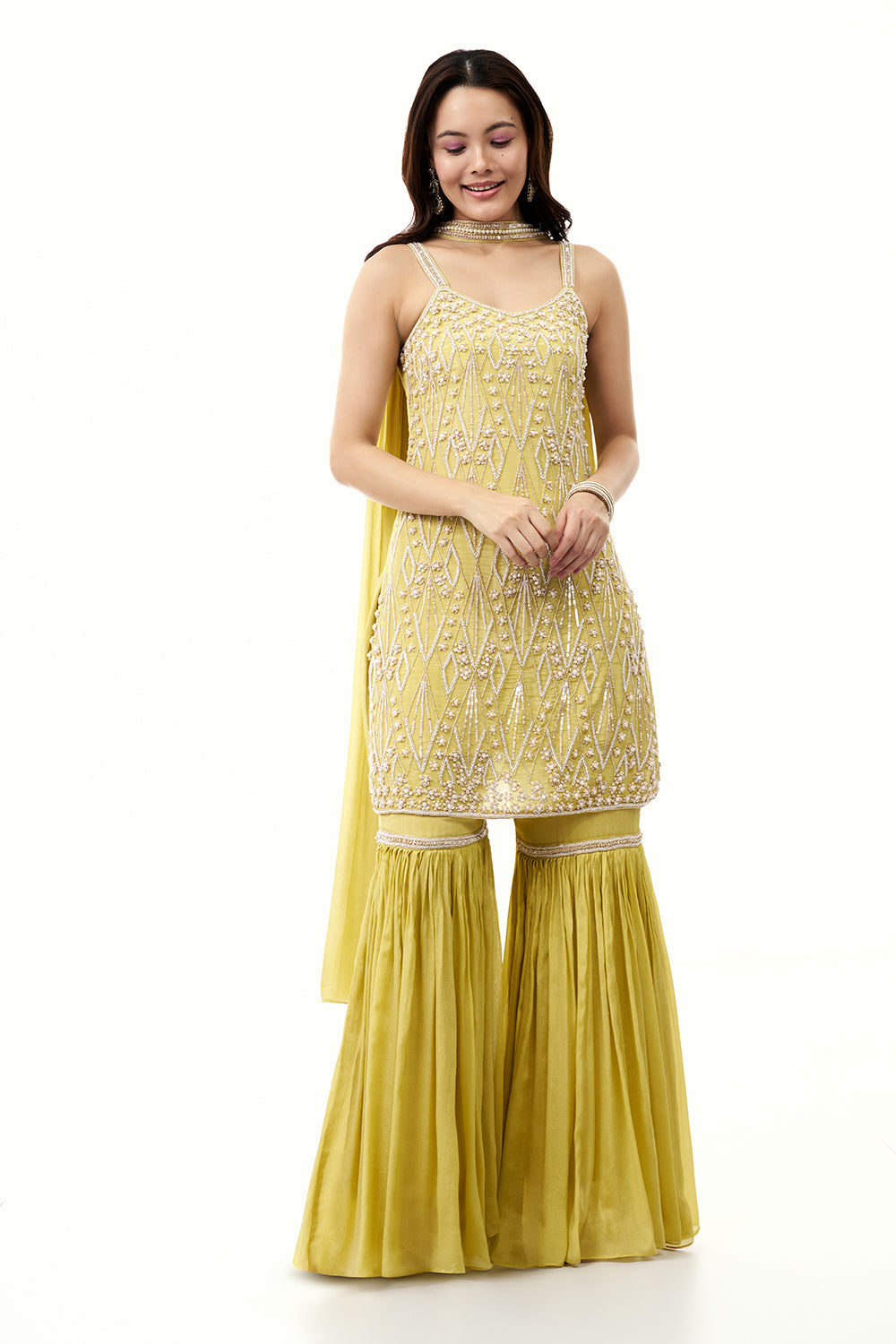Yellow Chinon Sharara Set with Moti and Cutdana Work