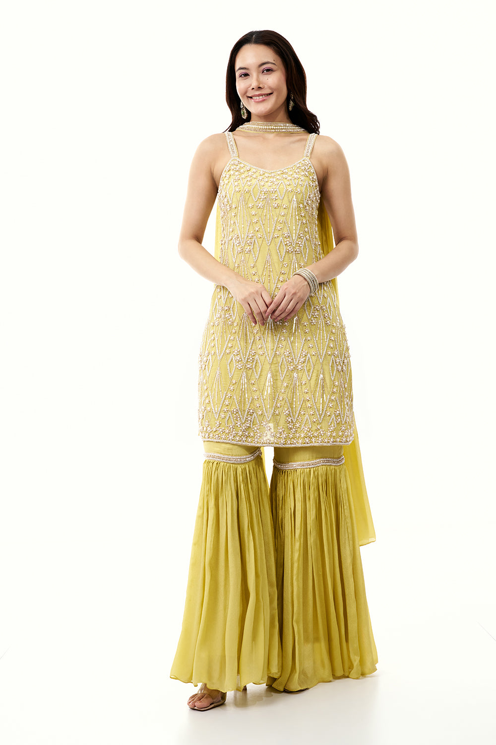 Yellow Chinon Sharara Set with Moti and Cutdana Work