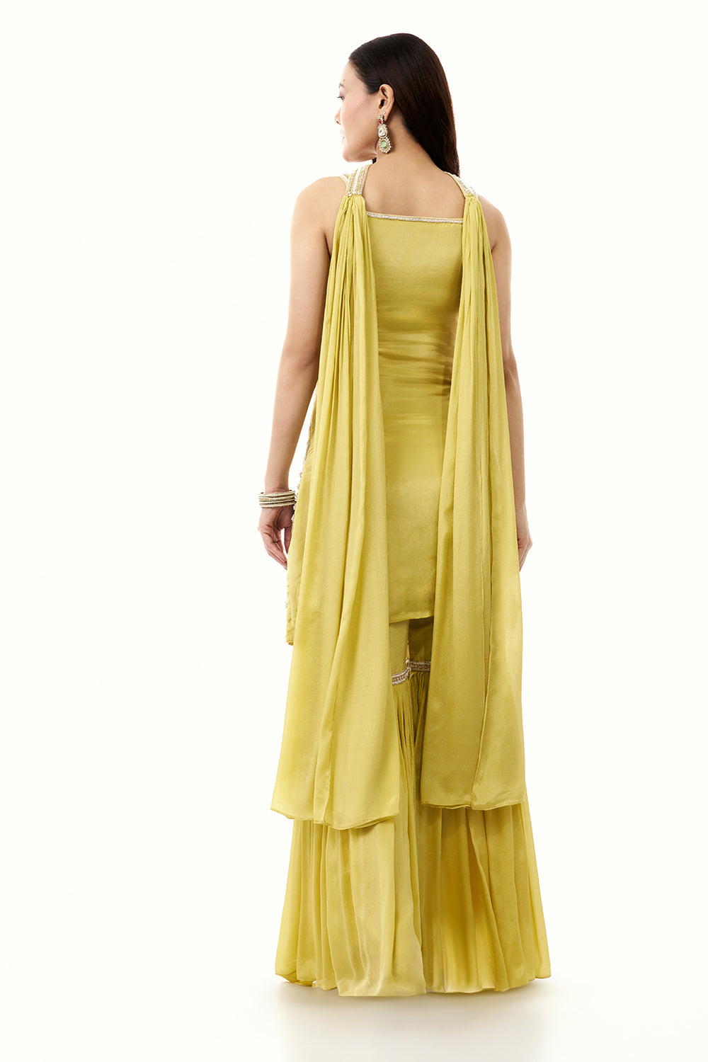 Yellow Chinon Sharara Set with Moti and Cutdana Work