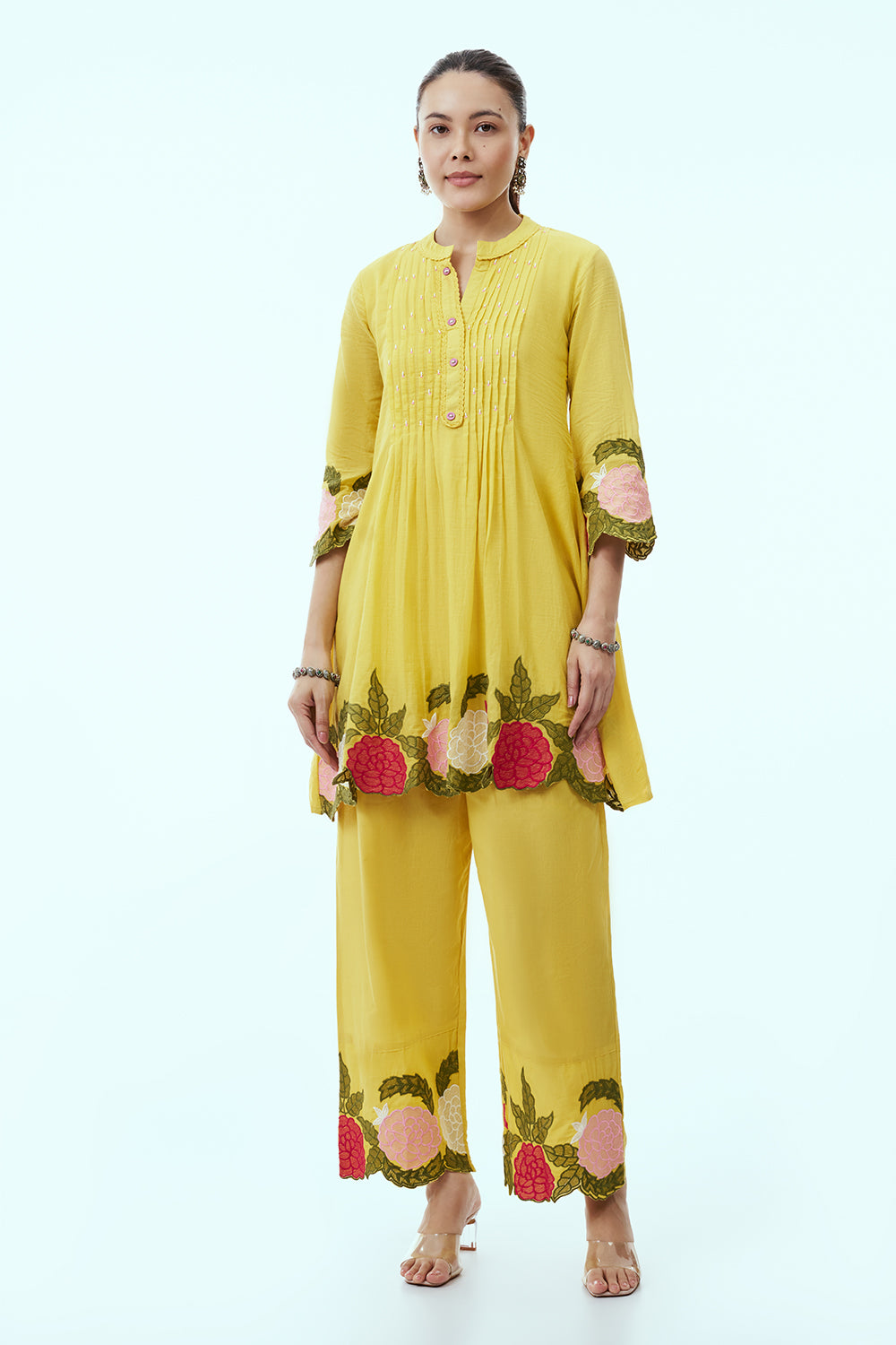 Yellow Mul Cotton Coord Set with Resham Embroidery