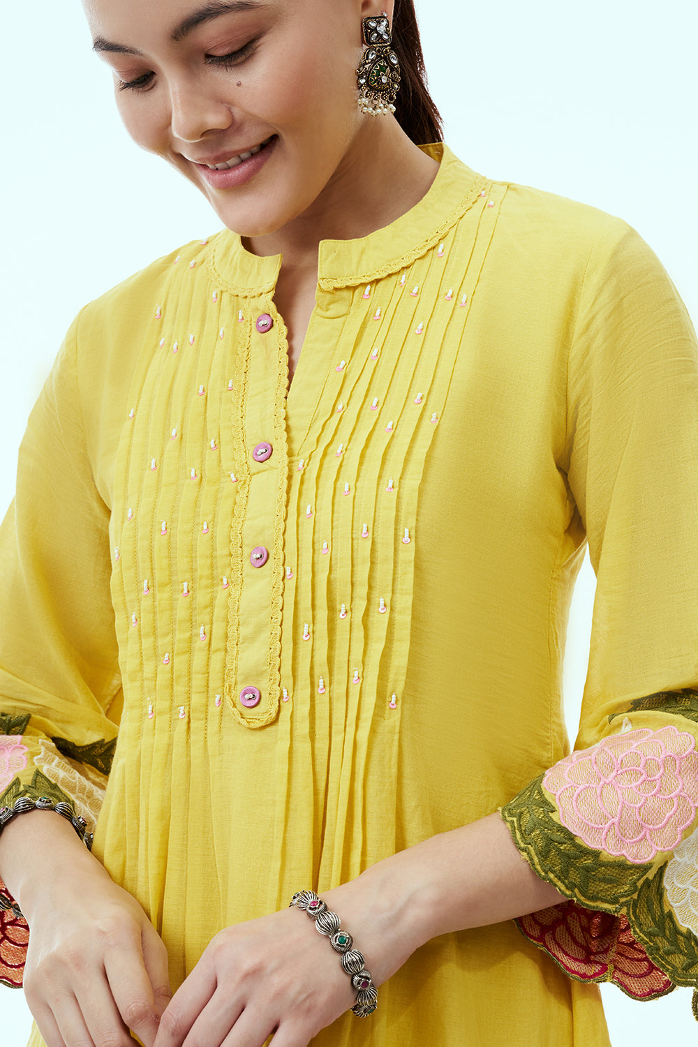 Yellow Mul Cotton Coord Set with Resham Embroidery