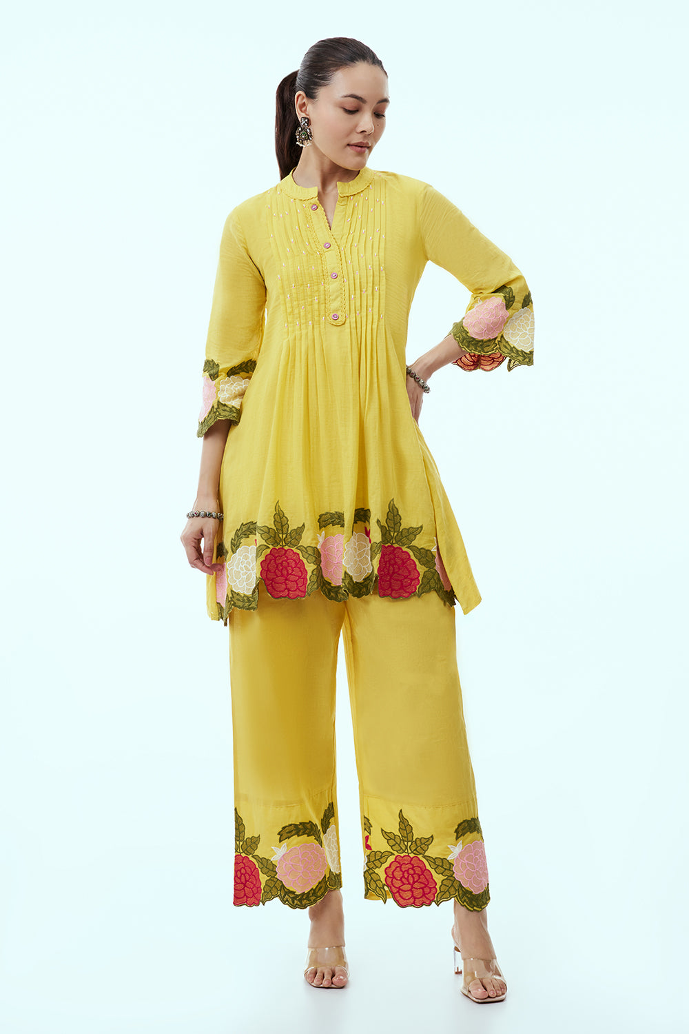 Yellow Mul Cotton Coord Set with Resham Embroidery