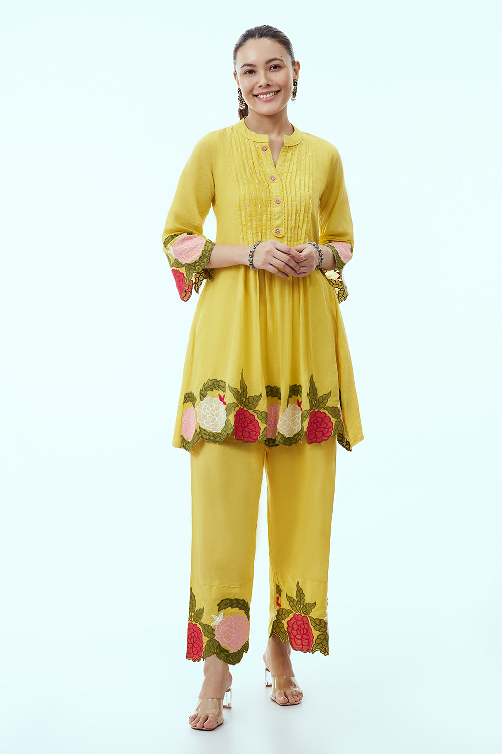 Yellow Mul Cotton Coord Set with Resham Embroidery