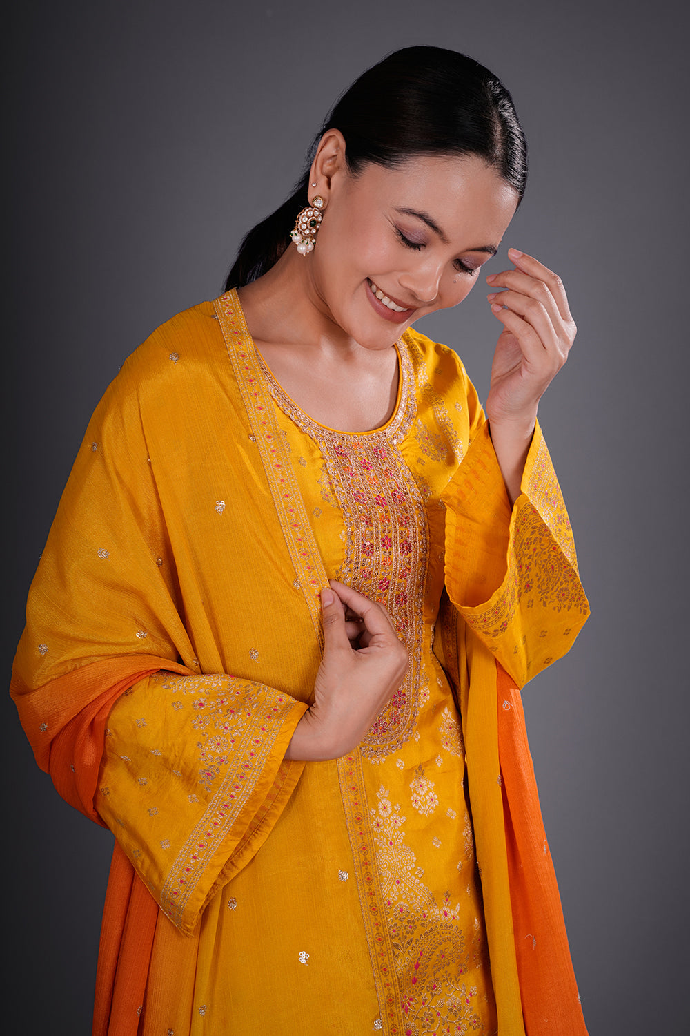 Yellow Crepe Kurta Set with Thread Embroidery