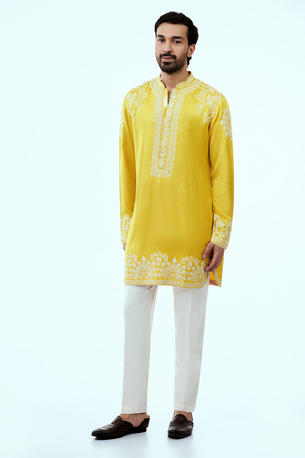 Yellow Linen Silk Mens Kurta Set with Resham Embroidery