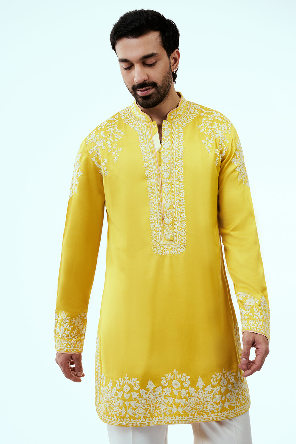 Yellow Linen Silk Mens Kurta Set with Resham Embroidery